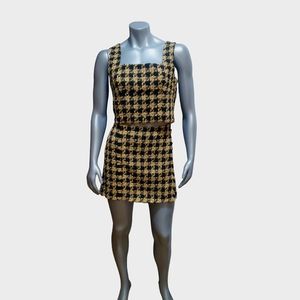 House of Harlow 1960 Tan/Black Houndstooth Tweed Crop Top & Skirt Set Size L NWT